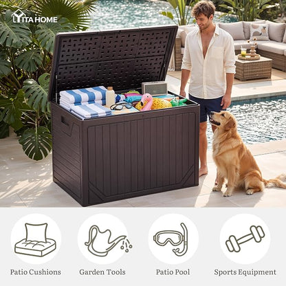 YITAHOME XXL 230 Gallon Extra Large Outdoor Deck Box | Lockable Resin Double-Wall Storage Box and Waterproof Patio Furniture Bin for Garden Tools & Pool Accessories, Brown