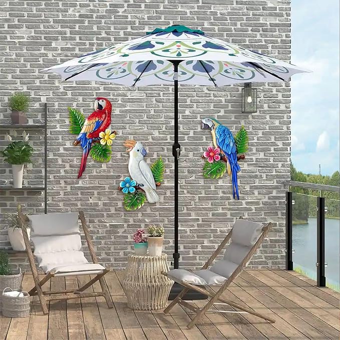 Limygus 3 Pcs Tropical Vivid Parrots on Branch Metal Wall Art, Indoor Outdoor Hanging Decor for Garden Fence Patio Courtyard