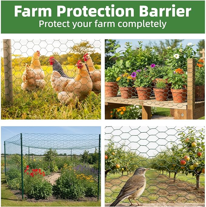 Chicken Wire for Floral Arrangements - Hexagonal Galvanized PVC Coated Poultry Wire Mesh Netting with Gloves, Wire Cutter & Zip Ties for Crafts, Poultry, Gardening Fence (15.7 x 196 lnches)
