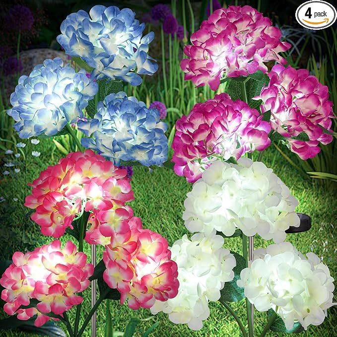 4-Pack Solar Hydrangea Garden Decor, 4 LED Flower Stake Lights - Waterproof Long-Lasting Outdoor Solar Patio Decor for Lawn, Yard & Pathway