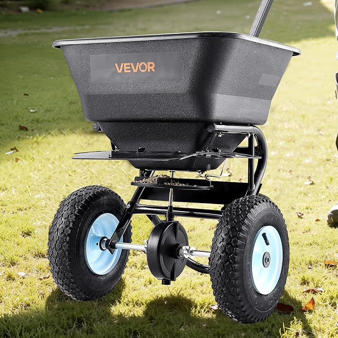 VEVOR Broadcast Spreader, 100LBS Capacity, Walk-Behind Push Spreader, 0-9.8ft Spreading Width, 13 in All Terrain Pneumatic Tires, Fertilizer Spreaders with Hopper Grate, for Seed Salt Ice Melt