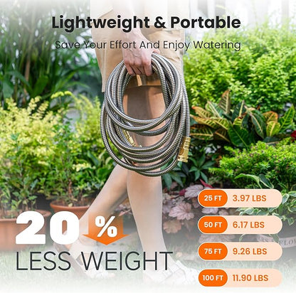 Giraffe Tools Garden Hose 75ft x 5/8", 304 Stainless Steel Metal Water Hose, No Kink Garden Water Hose with 9 Pattern Spray Nozzle, Flexible, Lightweight, Kink Free Hose for Yard, Outdoor