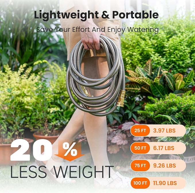 Giraffe Tools Garden Hose 25ft x 5/8", 304 Stainless Steel Metal Water Hose, No Kink Garden Water Hose with 9 Pattern Spray Nozzle, Flexible, Lightweight, Kink Free Hose for Yard, Outdoor