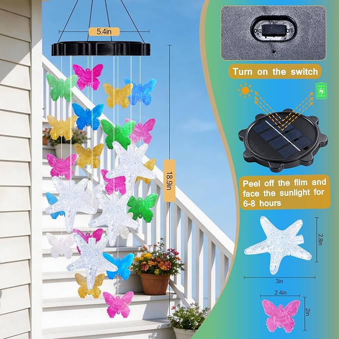 (New) Solar Wind Chimes for Outside, Butterfly Wind Chimes, Outdoor Decorative Wind Chimes with 2 Light Modes for Patio, Garden, Yard, Porch, Gifts for Mom, Grandma, Wife, Family and Friends