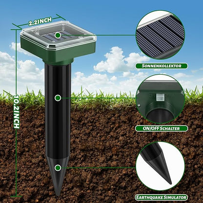 Mole Repellent Solar Powered 10 Pack, Ultrasonic Gopher Deterrent for Garden & Lawn, IP44 Waterproof Vole & Snake Repeller Outdoor, Sonic Spike Pest Control for Getting Rid of Groundhog, Skunk, Rodent
