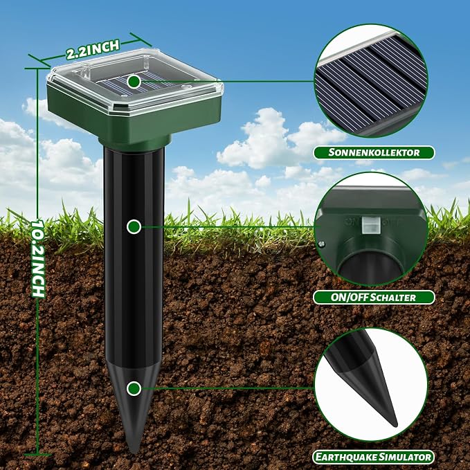 Solar Mole Repellent 10 Pack,Ultrasonic Gopher Vole & Snake Deterrent, Waterproof Sonic Spikes for Pest Control, Groundhog Chipmunk Rodent Repeller for Large Yard Lawn Garden & Grassland