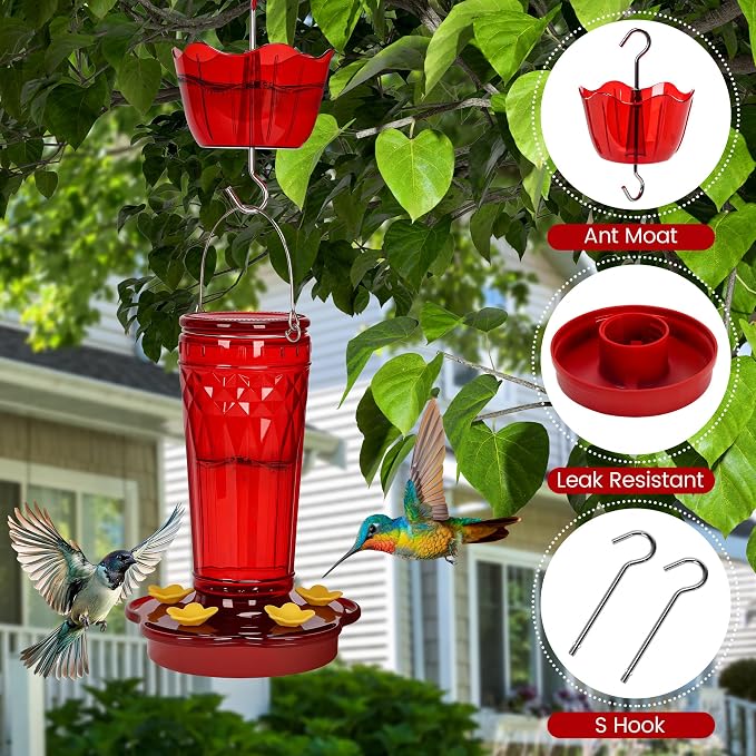 2 Pack Glass Hummingbird feeders for Outdoors 14Ounces，5 Feeding Ports Hummingbird Feeder,Wide Mouth for Easy Filling/Cleaning，Hanging for Garden Backyard Decor, Includes Ant Moat (Red，2Pack)