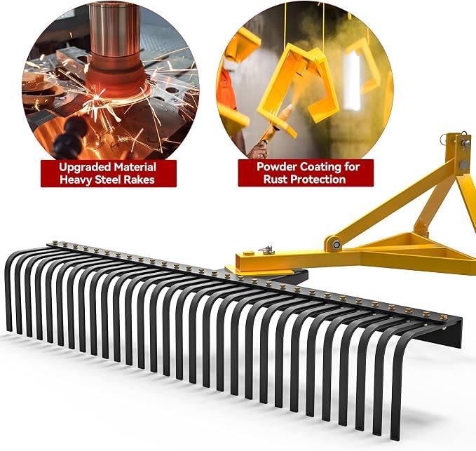 YITAMOTOR 3 Point Landscape Rock Rake for Category 1, 5 FT Attach Tractor Rake with 360 Degree Rotation, Tow-Behind Lawn Garden Tool Attachment for Compact Tractors | 5 FT Attach Tractor Rake with 360 Degree Rotation, Tow-Behind Lawn Garden Tool Attach...