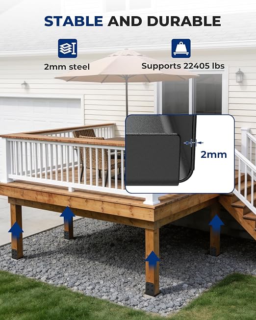 8x8 Post Base Brackets 4-Pack (7.5x7.5in Actual) - Heavy Duty Deck Post Anchor for Pergola, Gazebo, Playset - Black Powder Coated Steel with Standoff