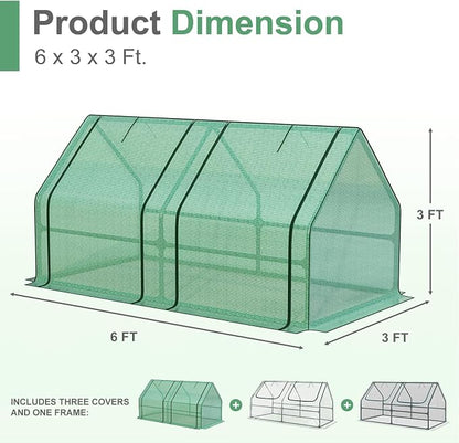 Aoodor 6 x 3 x 3 ft Mini Greenhouse with 2 Zipper Doors, Water-Resistant, UV-Protected for Flowers, Vegetables, and Herbs, Includes 3 Covers