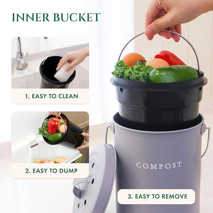 FINESSY Indoor Compost Bin Kitchen Odorless with Lid for Composting Food Waste, Stainless Steel Countertop Trash Can, 1.3 Gallon Container