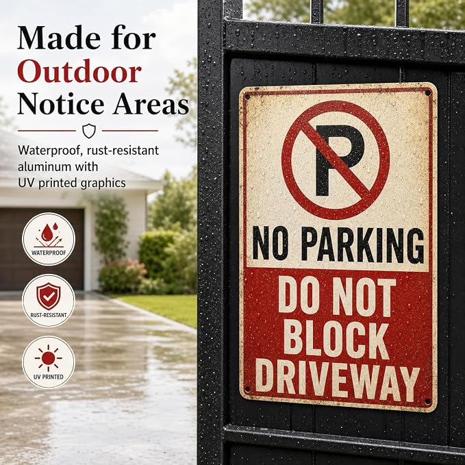 No Parking Tin Sign, 12 x 8 Inch Do Not Block Driveway Aluminum Metal Wall Decor, Vintage Parking Notice for Garage, Gate, Fence, Carport