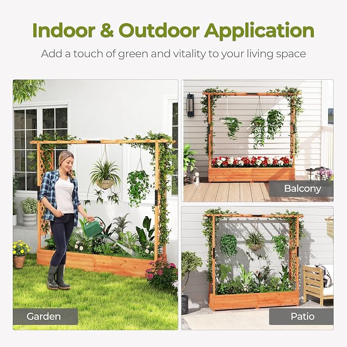 ORALNER Raised Garden Bed with Trellis, Wooden Planter Box with Climbing Frame, Outdoor Elevated Garden Box for Vegetables, Herbs, Flowers, Fruits (Extra Large)