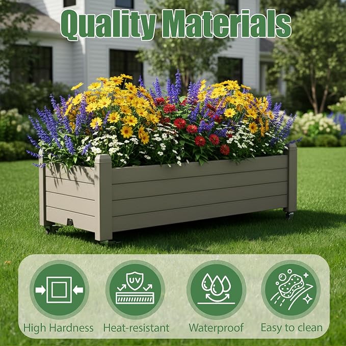 Raised Garden Bed with Wheels Outdoor, Resin Planter Box with Drain Hole and Water Level Detector for Backyard, Patio, Balcony, Gray(13.3" H)