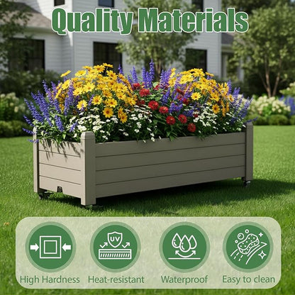 Raised Garden Bed with Wheels Outdoor, Resin Planter Box with Drain Hole and Water Level Detector for Backyard, Patio, Balcony, Gray(13.3" H)