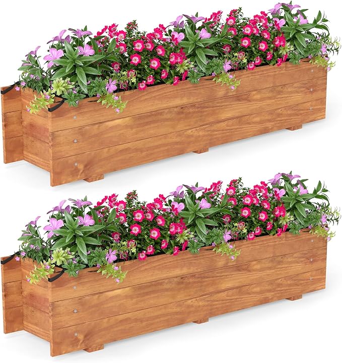 Giantex Wood Raised Garden Beds Set of 2, Rectangular Planter Box w/Drainage Hole, Removable Liner for Growing Vegetable Flower Herb, Indoor Outdoor Plant Container for Backyard Deck Balcony