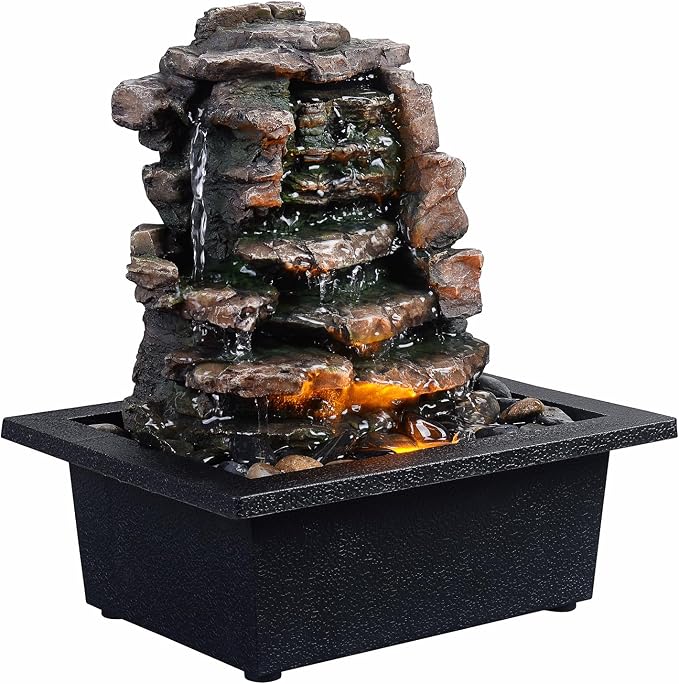 GOSSI Meditation Waterfall Fountain with LED Lights, Indoor Tabletop Water Fountain Decorated with Natural River Rocks, Office & Home Relaxation Decor, Christmas Decoration
