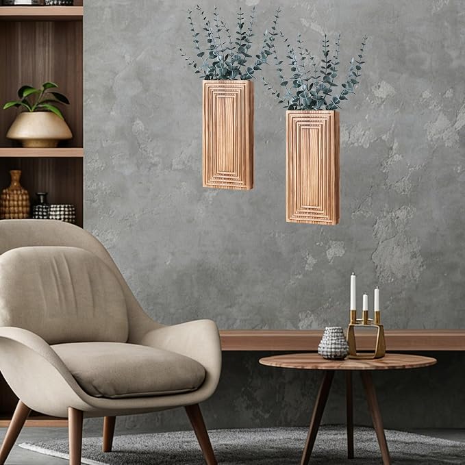 Wooden Wall Planter Vase, 2 Pack Brown Wood Hanging Vases with Fake Eucalyptus for Indoor Modern Boho Farmhouse Wall Art Decor for Home Indoor Kitchen Modern Farmhouse Bathroom