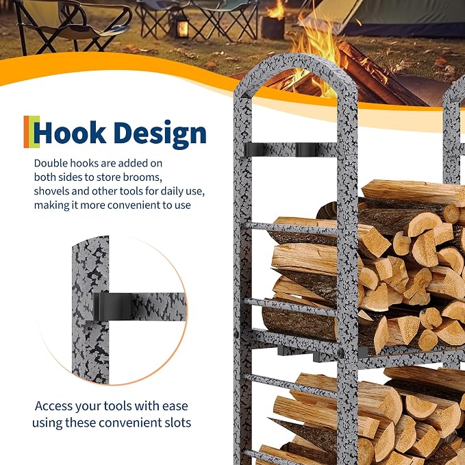 GarveeLife 30 Inch Firewood Rack Outdoor Indoor, High Outdoor Wood Racks for Firewood, Fire Wood Storage with Kindling Hooks, Large Metal Fireplace Log Rack Storage Carrier Organizer, Sliver