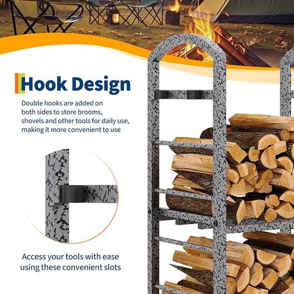 GarveeLife 30 Inch Firewood Rack Outdoor Indoor, High Outdoor Wood Racks for Firewood, Fire Wood Storage with Kindling Hooks, Large Metal Fireplace Log Rack Storage Carrier Organizer, Sliver