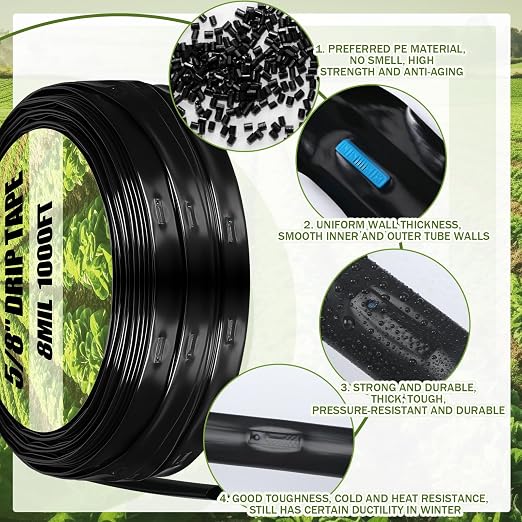 Tondiamo 250' 5/8 Inch Drip Tape Irrigation Tubing Kit 16 Mil 6" Spacing Garden Hose Watering Tube Line Automatic Equipment for Garden Irrigation System Farms, Landscape, Lawn