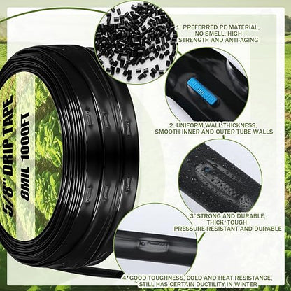 Tondiamo 500' 5/8 Inch Drip Tape Irrigation Tubing Kit 16 Mil 6" Spacing Garden Hose Watering Tube Line Automatic Equipment for Garden Irrigation System Farms, Landscape, Lawn