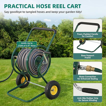 Hose Reel Cart, 250FT 5/8" All-Terrain Mobile Water Hose Truck, Heavy-Duty Rust-Proof Iron Frame Industrial Garden Cart for Outdoor Lawn Yard & Car Washing
