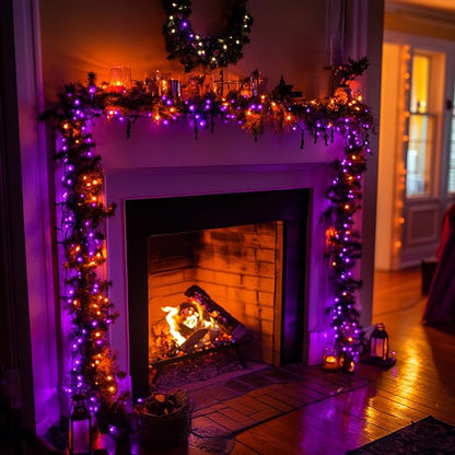 Dazzle Bright Halloween String Lights, 600 LED 196 FT Waterproof Black Wire String Lights with 8 Lighting Modes, Halloween Decorations Outdoor for Party Yard Garden Decor, Purple and Orange