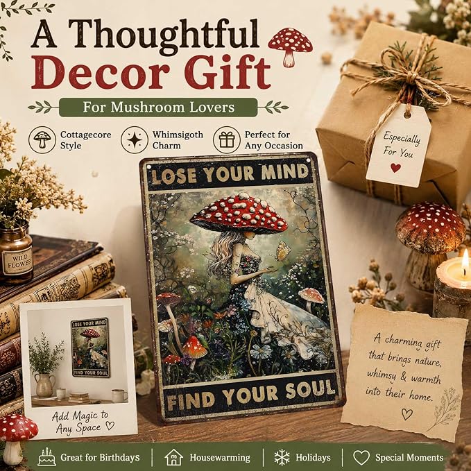 PEACHGARDEN Vintage Mushroom Kitchen Decor Lose Your Mind Find Your Soul Metal Tin Sign Whimsigoth Wall Art Cottagecore Witchy Room Aesthetic For Home Coffee Bar Botanical Bohemian Gift 8x12 Inch
