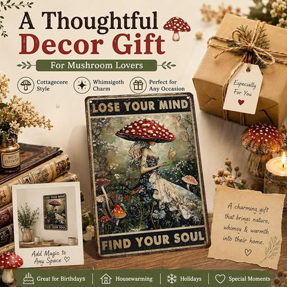 PEACHGARDEN Vintage Mushroom Kitchen Decor Lose Your Mind Find Your Soul Metal Tin Sign Whimsigoth Wall Art Cottagecore Witchy Room Aesthetic For Home Coffee Bar Botanical Bohemian Gift 8x12 Inch