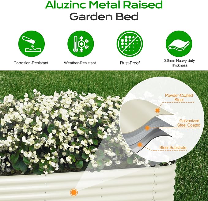 Aoodor 17" Tall Oval Galvanized Raised Garden Bed Kit, 6-in-1 Large Metal Outdoor Planter Box for Vegetables, Flowers, and Herbs, 7.5 x 2.3 x 1.5 Ft, Beige