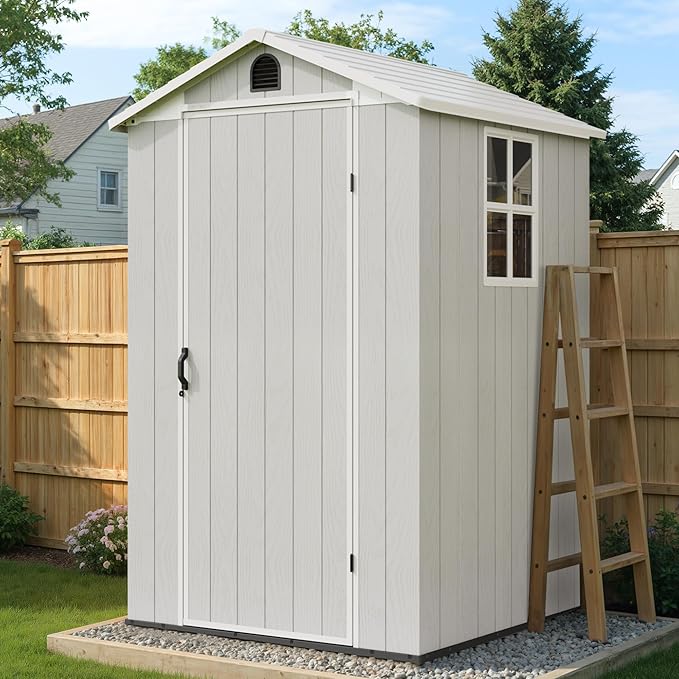 Greesum 4x4FT Plastic Storage Shed with Floor, Resin Outdoor Storaged Sheds with Lockable Door, All Weather Durable Tool Shed with Window and Vent, for Yard, Patio, Garden, Light Gray