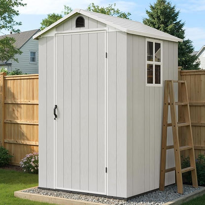 Greesum 4x4FT Plastic Storage Shed with Floor, Resin Outdoor Storaged Sheds with Lockable Door, All Weather Durable Tool Shed with Window and Vent, for Yard, Patio, Garden, Light Gray