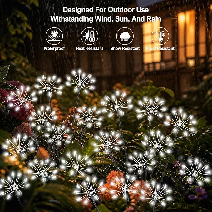 Solar Garden Lights Outdoor, Upgraded Solar Swaying Starburst Light Waterproof with 2 Modes, Solar Fairy Firework Lights for Yard Patio Pathway Flowerbed Balcony Garden Decoration (White, 2 Pack)