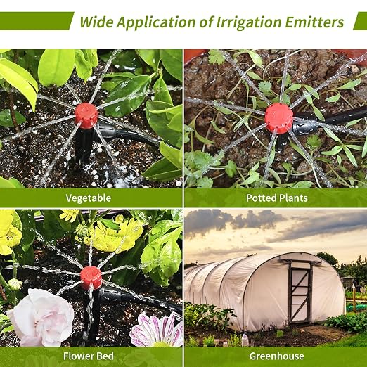 50pcs Drip Irrigation Emitters with Lock Barbed Drip Emitters for 1/4" Drip Irrigation Tubing 360 Degree Water Flow Adjustable Irrigation Drippers Drip Irrigation Heads for Garden Plants Flower