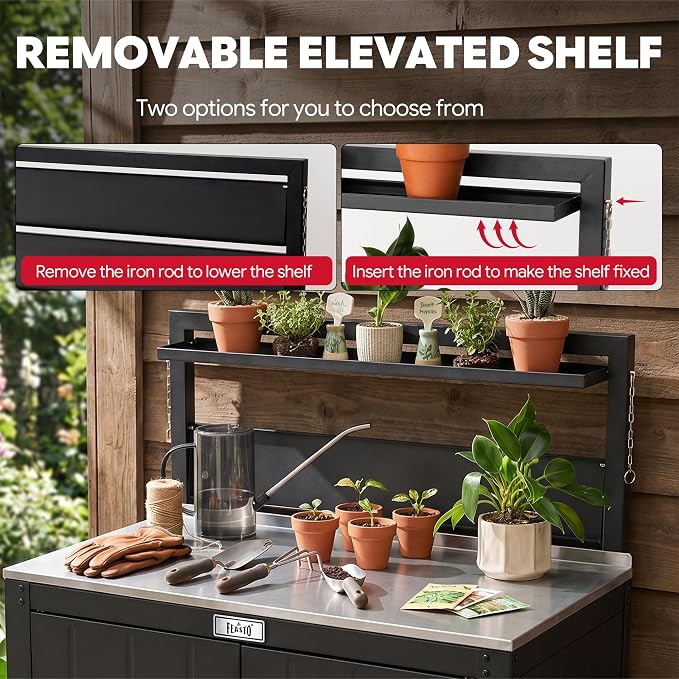 Feasto Outdoor Potting Bench Table with Storage Cabinet, Black | Stainless Steel Garden Workstation, Raised-Edge Top, Adjustable Shelf & Removable Hutch, Patio, Balcony & Outdoor Workspace