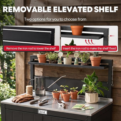 Feasto Outdoor Potting Bench Table with Storage Cabinet, Black | Stainless Steel Garden Workstation, Raised-Edge Top, Adjustable Shelf & Removable Hutch, Patio, Balcony & Outdoor Workspace