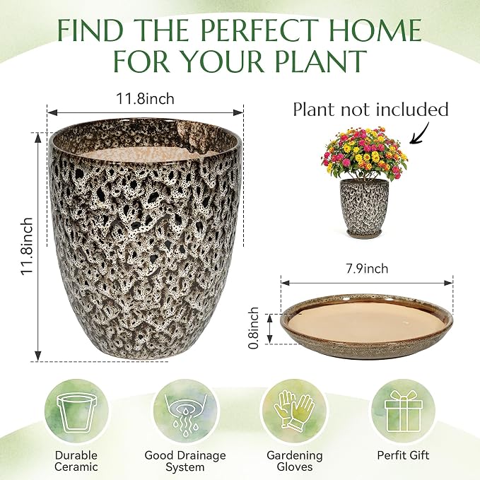 11.8 Inch Flower pots for Indoor Plants,Ceramic Planter with Saucer Drainage Leak-Proof Mesh Gardening Gloves (Spotted White)