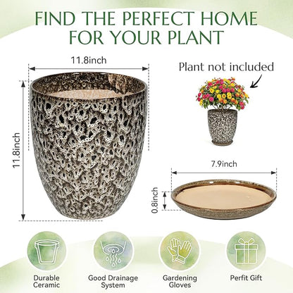11.8 Inch Flower pots for Indoor Plants,Ceramic Planter with Saucer Drainage Leak-Proof Mesh Gardening Gloves (Spotted White)