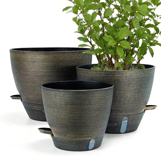ZMTECH 12/10/8 in Self Watering Pots for Indoor/Outdoor Plants, Gold Bronze Large Plastic Planter with Water Level Indicator, Drainage Hole & Removable Saucer for Garden Flowers, Deco Plant Container