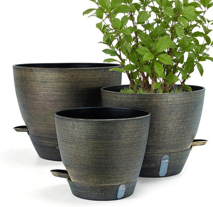 ZMTECH 12/10/8 in Self Watering Pots for Indoor/Outdoor Plants, Gold Bronze Large Plastic Planter with Water Level Indicator, Drainage Hole & Removable Saucer for Garden Flowers, Deco Plant Container