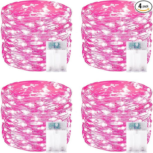 4 Pack 60 LED Pink Fairy Lights Battery Operated with Timer, 20FT Waterproof Twinkle Light Indoor Outdoor, Valentiens Lights for Valentine's Day Bedroom Wedding Birthday Christmas Decorations(Pink)