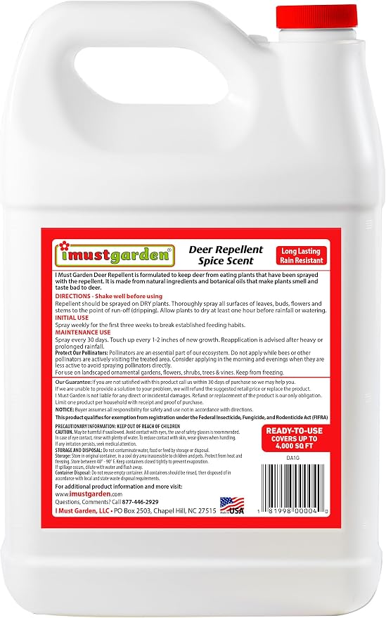 I Must Garden Deer Repellent: Spice Scent Deer Spray for Gardens & Plants – Natural Ingredients – 1 Gallon Ready to Use Refill