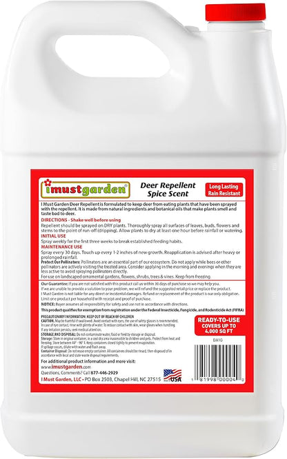 I Must Garden Deer Repellent: Spice Scent Deer Spray for Gardens & Plants – Natural Ingredients – 1 Gallon Ready to Use Refill