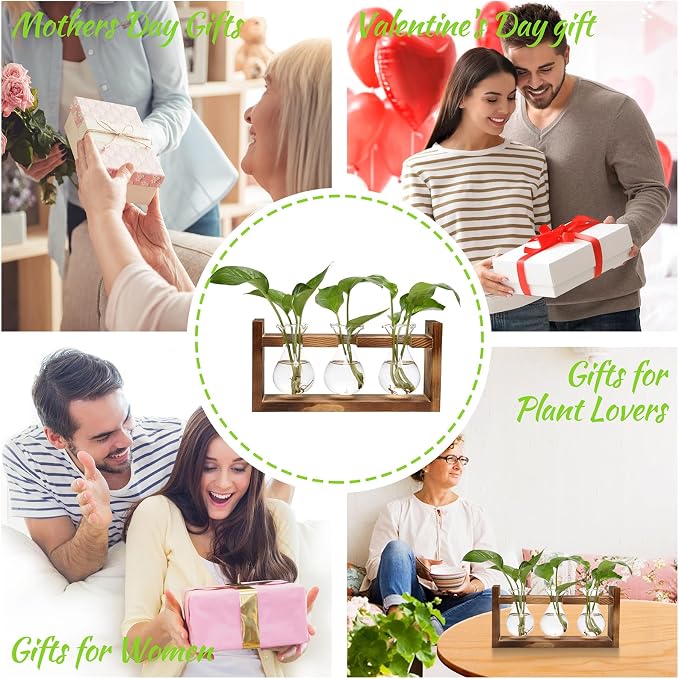 Plant Propagation Station Plant Terrarium Unique Birthday Gifts for Women | Plant Lovers Home Office Decor Planter with Wooden Stand - 3 Bulb Glass Vase