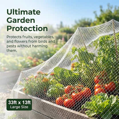 GWHOLE 33 x13 Ft Bird Netting for Garden Tree and Plant Protection, Garden Netting with 1 Inch Mesh Net for Anti Bird Chicken Deer, White