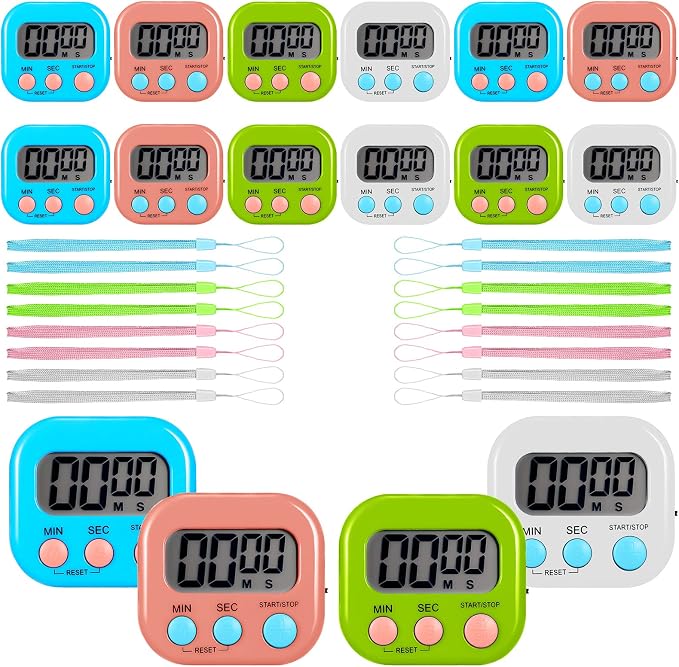 Flutesan 16 Pack Digital Classroom Timers with Lanyards - Color-Coded Countdown Timers for Teachers, Students, Kitchen Use, Back to School, Loud Alarm, Easy Operation(White, Blue, Pink, Green)