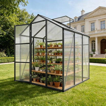 6x6 FT Greenhouse, Walk-in Heavy Duty Polycarbonate Outdoor Greenhouses with Raised Base & Anchor, Height-Enhanced Aluminum Frame, & Drainage System for Backyard All Season Growing, Black