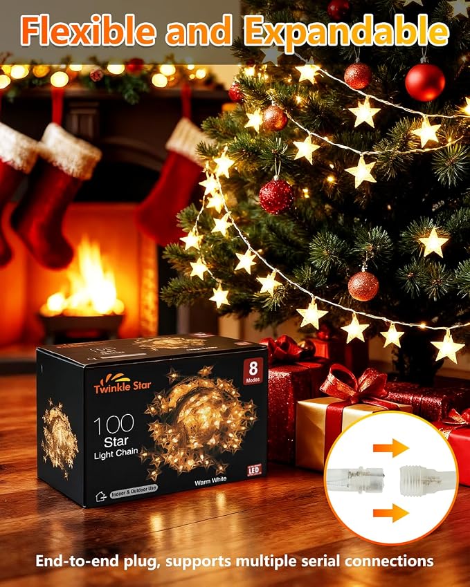 Twinkle Star 2 Pack 100 LED Star String Lights, Warm White | Plug In, Waterproof, Indoor Outdoor Use, Bedroom Wedding Party Ramadan Christmas Decor