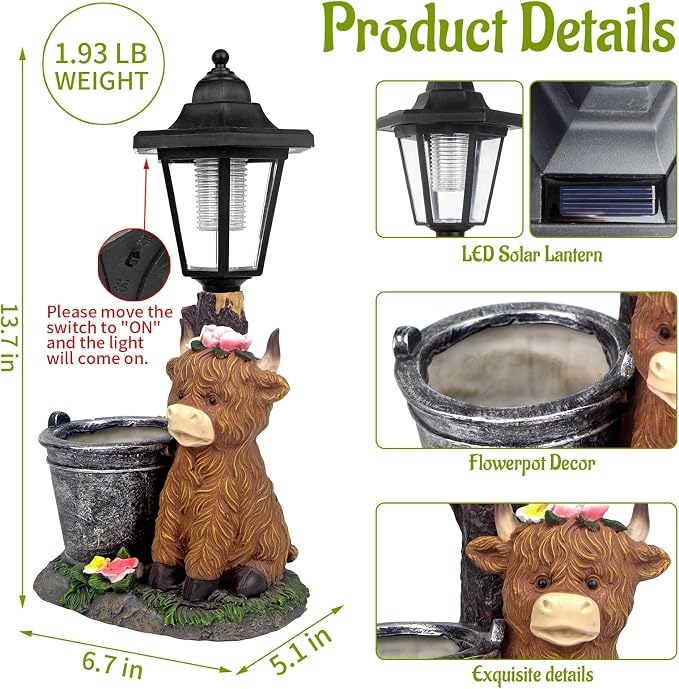 Solar Highland Cow Outdoor Garden Statues with Flowerpot & Lantern Decor | Highland Cow Figurine for Yard Art Lawn Ornaments Porch Patio Balcony - Birthday Gifts for Women Mom